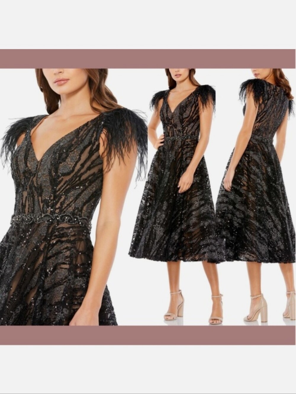 Nwt 6 Mac Duggal Black Sequin Feather-Trim Midi Dress